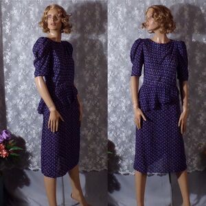 Vintage 80s Dress 1980s Blue Floral Pinup Rockabilly Secretary Retro Size Medium